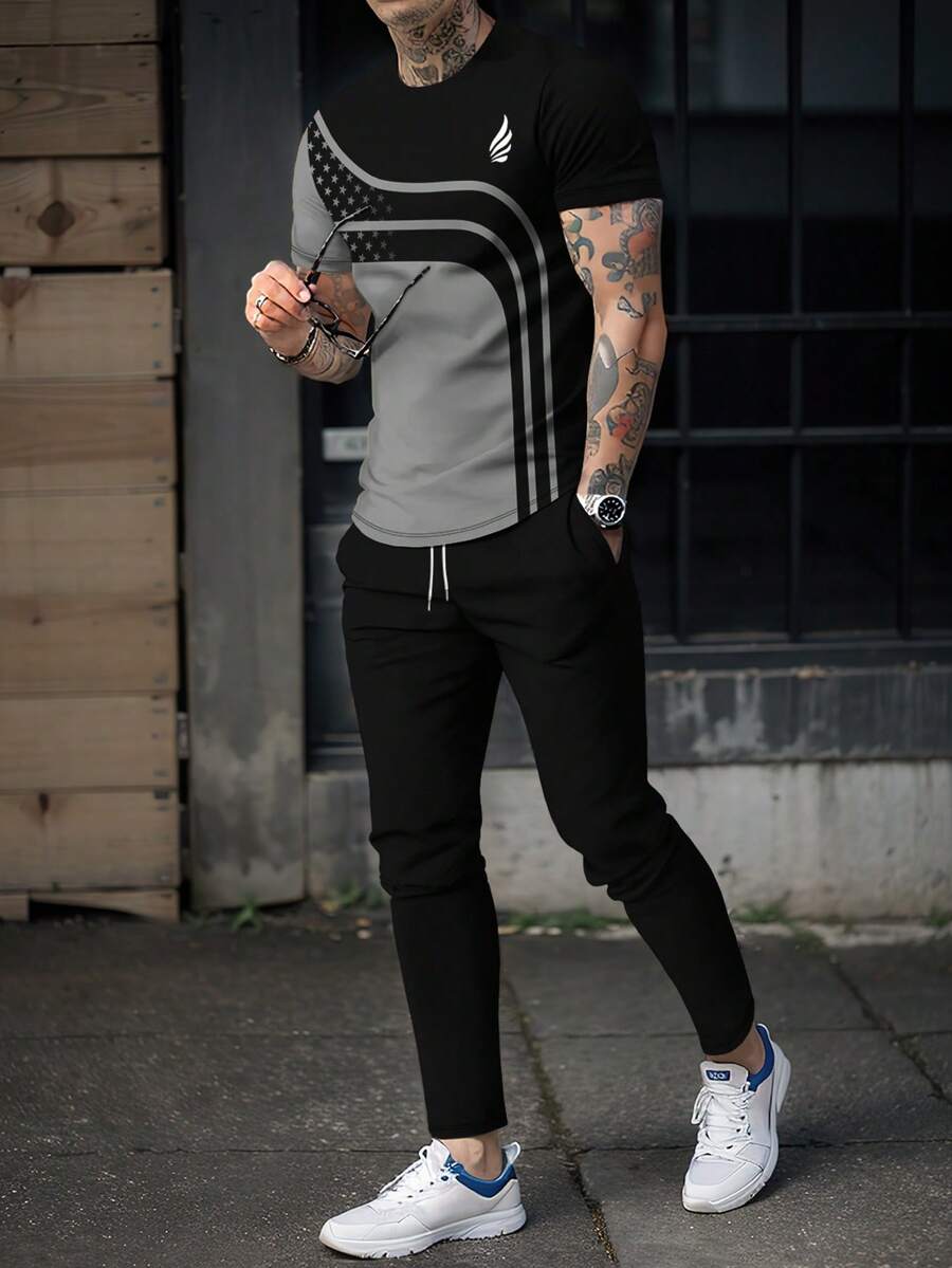 Men's Printed Crew Neck Short Sleeve T-Shirt And Pants Set - Grey - View 1