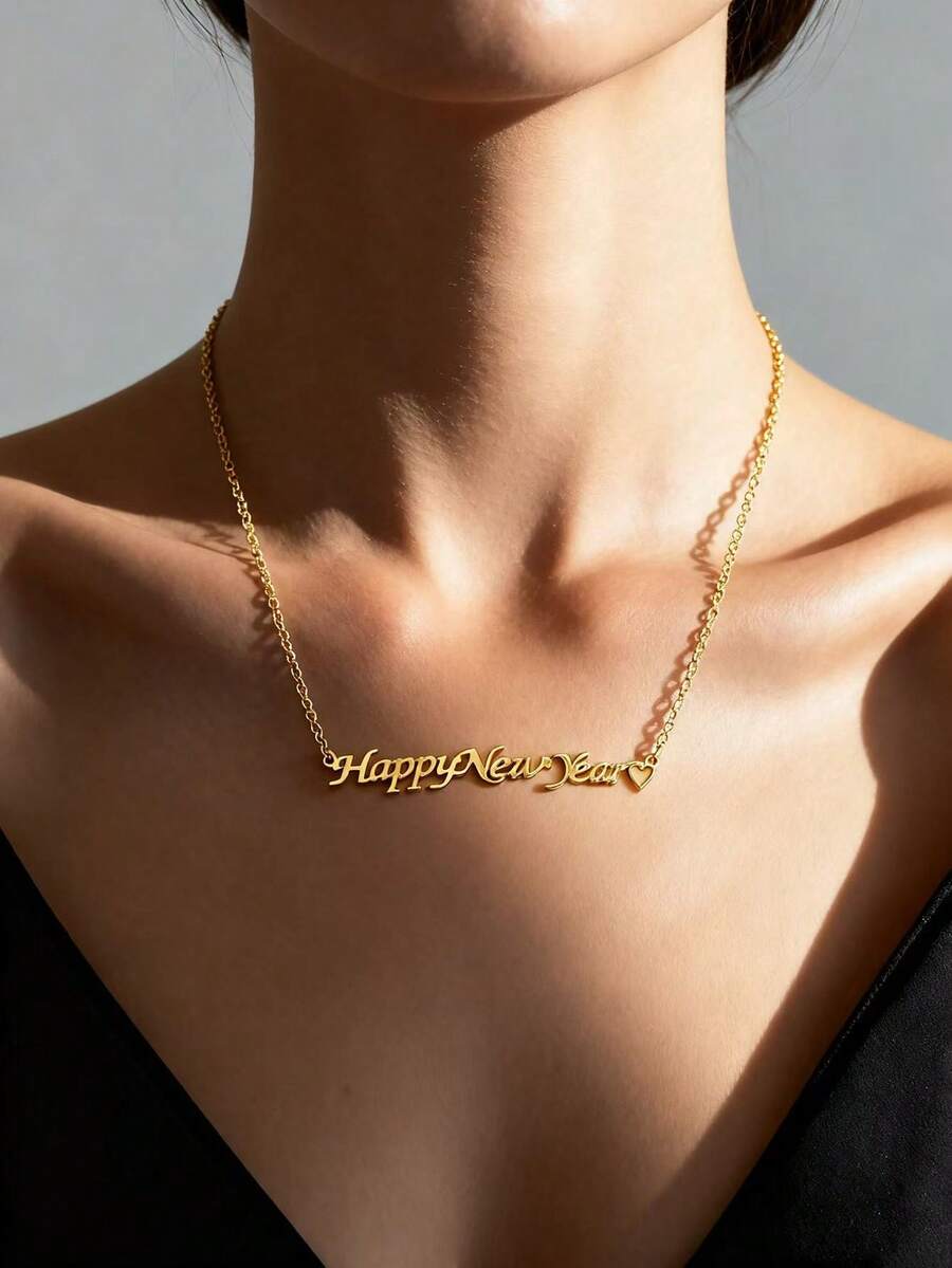 1pc "Happy New Year" Metal Necklace, Unisex - Gold - View 1