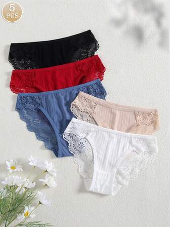 5 st. spetstrosor för kvinnor sexiga trosor underkläder för kvinnor sexiga låg midja enfärgade trosor för kvinnor romantiska sexiga spetsunderkläder för kvinnor