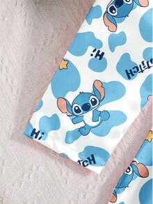 Disney Bộ đồ ngủ dài tay dáng suông in hình hoạt hình Stitch dành cho bé gái tuổi teen, chất liệu satin mềm mại, thoáng khí, thích hợp mặc ở nhà suốt bốn mùa. - Xanh và trắng - Xem 4