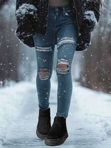 Women's Ankle Boots, Fleece Lining, Thick Warm Boots, Slip-On, Elastic, Platform, Snow Boots, Suede, Short Tube, Round Toe, Simple, Durable, Non-Slip, Plus Size, Autumn/Winter - Black - View 9