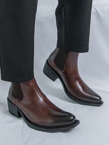 Men's Retro High Heel Chelsea Ankle Boots, Square Toe Glossy Leather Casual Business Dress Elevator Shoes