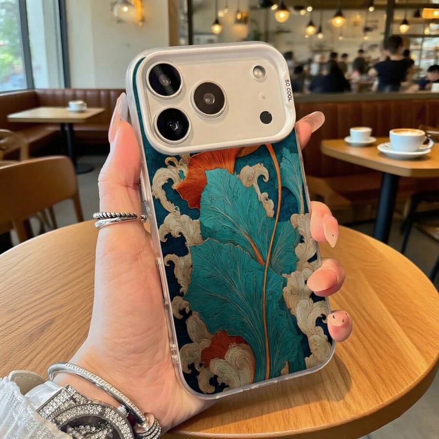 Funda para teléfono con patrón floral azul, hojas naranjas y motivo de nubes para iPhone 14 Pro Max, Galaxy S23 Ultra, opción de regalo ideal para todas las estaciones - Plateado - Ver 1