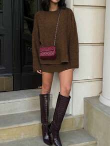 Women's Elegant Knitted Sweater Set For Autumn/Winter, Casual Crew Neck Long Sleeve Pullover, Fashionable Solid Color 2-Piece Set For Christmas, New Year, Thanksgiving