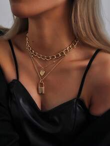 Collier à pendentifs superposés en forme de cœur et de cadenas, idéal pour la Saint-Valentin, la Fête des mères, les cadeaux - Or jaune - Voir 3