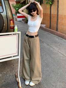 Khaki High Waist Loose Straight Leg Jeans For Women, Slimming Draping Effect, Autumn New Arrival, Without Belt Casual Fall - Khaki - View 2