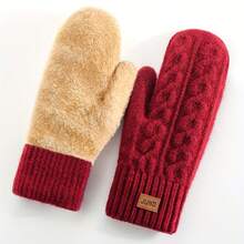 1 Pair Women's Winter Double Layer Fleece Thickened Warm Mittens Knitted Cable Pattern Cold Weather Warm Fashionable Women's Mittens Suitable For Daily Use And Parties For Women And Men - 紅色 - 查看 13
