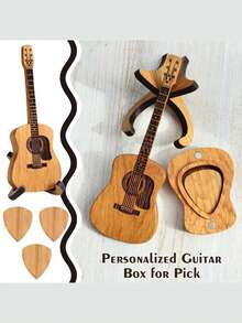 1pc Guitar Pick, Guitar Shaped Pick Box, Wooden Guitar Pick Box With Stand | 3pcs Unique Guitar Picks, Mini Guitar Gift Set Suitable For Guitar, Bass, Ukulele And Other Instruments, Natural Wood Color Accessory Set, Christmas Gift Valentine's Day Weddings, Birthdays, Anniversaries - Ideal Boyfriend/Girlfriend/Family Musician Present - Multicolor - View 6