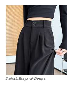 [Work/Part-Time Job Mix And Match] Office Slacks Knit Pants For Women - Spring/Summer Bottoms - Wide Leg Pants - Straight Leg Pants - High Waist - Easy To Wear - Comfortable For All Seasons - Best Price - Available In Sizes S To XL, Suitable For Both Petite And Tall Women, With A Clean And Neat Silhouette. - [Regular Style] Double Buckle Black - View 9
