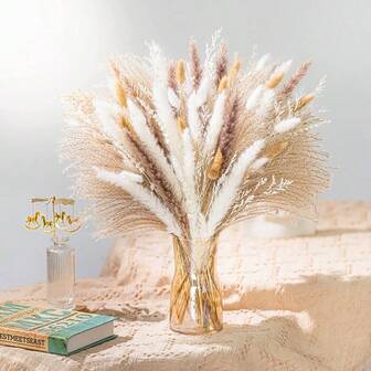 96pcs Premium Dried Flowers Pampas Grass Bouquet - Bohemian Table Centerpiece, Wedding & Home Decor | Rustic Farmhouse Vintage Style With Brown & White Pampas And Bunny Tails