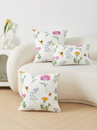 1pc Floral & Bee Embroidered Decorative Throw Pillow Cover, Suitable For Living Room, Sofa, Car, Bedroom And Various Environments, All Season