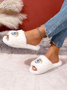 1 Pair Unisex Plush Slip-On Slippers With Embroidered Eye Design, Comfortable For All Seasons, Machine Washable & Dryable, Indoor Non-Slip EVA Soft Sole Couple House Shoes