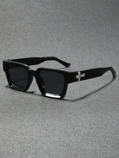 1pc Men Black Plastic Classic Square Full Frame Handmade Nailed Crosses Luxury Rhinestone Classy Aesthetic Shades Basics Fashion Eyeglasses For Daily Life,Driving,Party,Vacation Outfits,Appointment Outfits,Bar,Going Out Outfit,Driving,Riding,Partywear Accessories