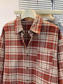 Women's Vintage Red Plaid Front Button Pocket Casual Shirt, Suitable For All Seasons - Red - View 7