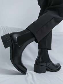 男士复古高跟切尔西踝靴，方头亮面皮革休闲商务正装增高鞋 - 黑色 - 查看 6