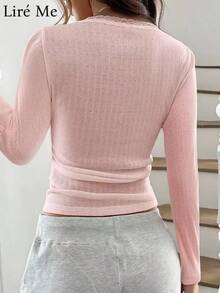 Liré Me 2025 Fall/Winter New Lace Trim U-Neck T-Shirt, Stylish Slim-Fit Layering Top - Hồng - Xem 5