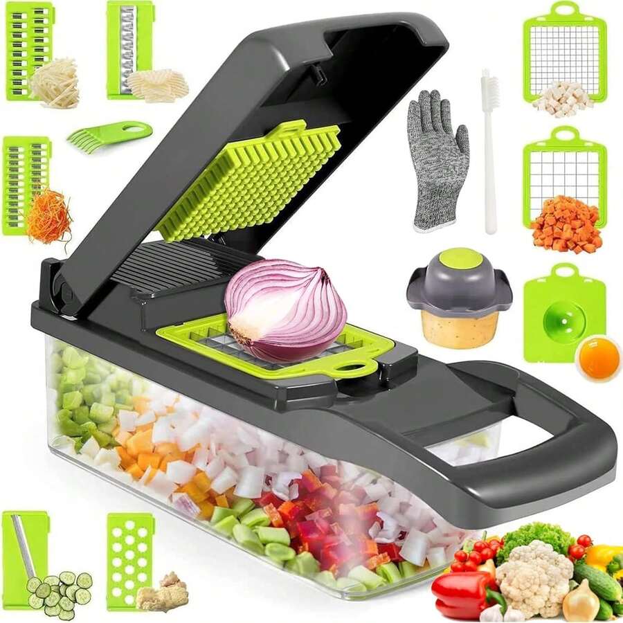 Cortador de verduras multifuncionales, 15 en 1 Mandolina de cocina profesional, cortador manual de verduras con 7 cuchillas reemplazables, corte de verduras para patata, zanahoria, pepino, tomates - 1 - Ver 1