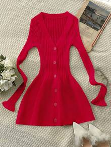 Y2K 简约休闲前扣紧身 V 领长袖喇叭下摆罗纹针织毛衣秋季 - 紅色 - 查看 5
