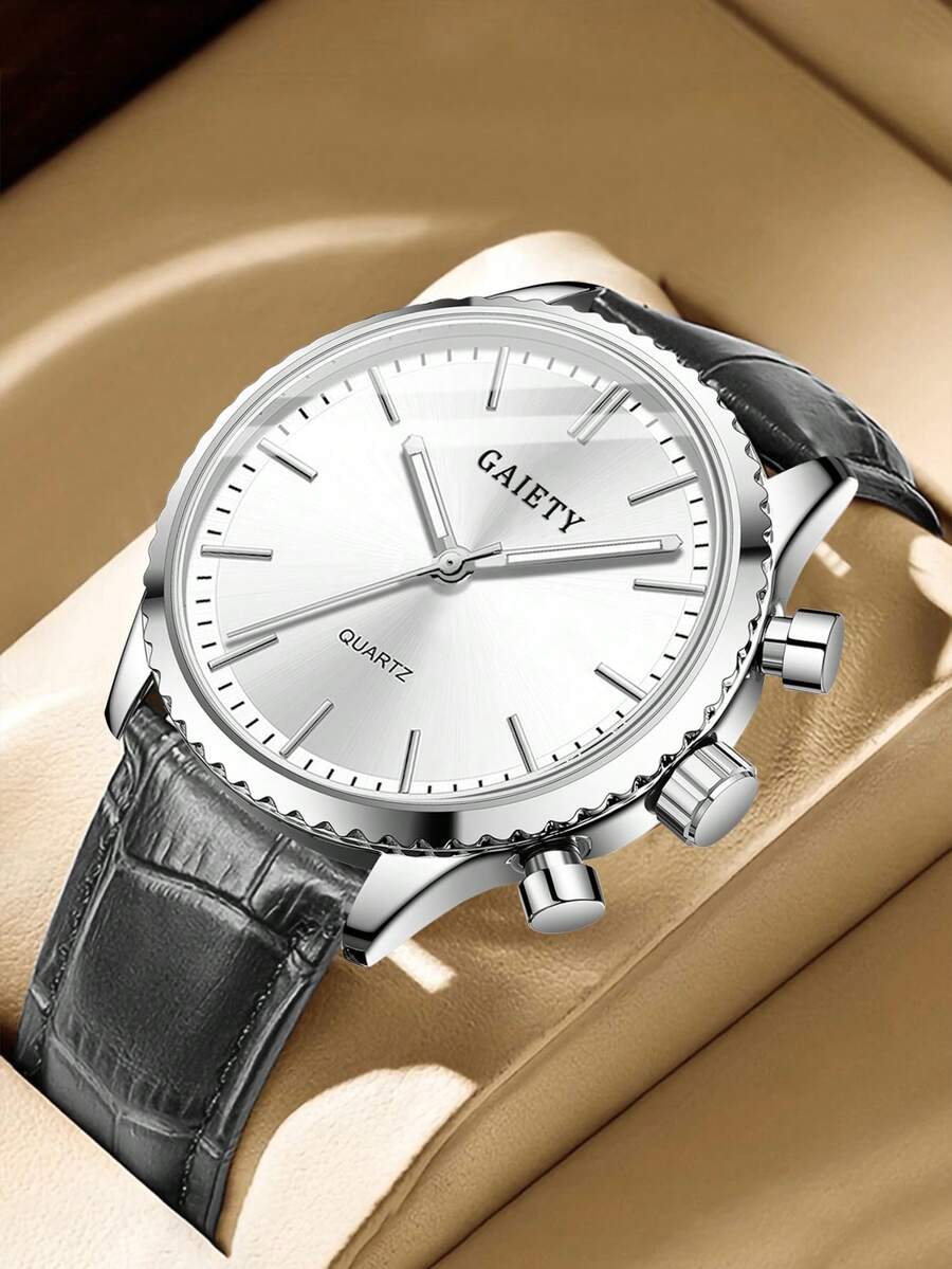 Reloj de cuarzo con correa de piel de poliuretano de color café para hombres de GAIETY, estilo de moda casual y de negocios, esfera con marcadores de barra minimalista, adecuado para uso diario, decoración o regalo de vacaciones - Negro - Ver 1