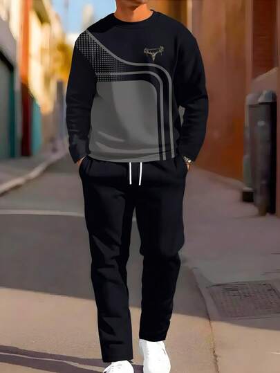 2 件男士纯色字母条纹印花休闲运动服，包括套头衫和裤子套装，适合户外和运动，秋季服装