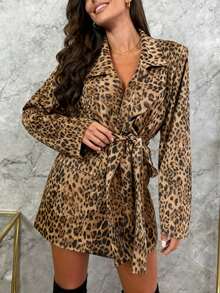 Nueva blusa de manga larga con estampado de leopardo, moda con cuello en V y cinturón, vestido casual de oficina de cintura suelta, blazer de longitud media para el uso diario, estilo elegante y romántico para vacaciones y calle para mujeres jóvenes - Caqui - Ver 4