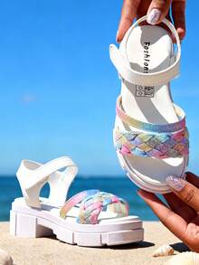 Sandal đế dày dệt kim tuyến cầu vồng ombre có thể điều chỉnh cho bé gái từ 3-12 tuổi, khóa dán. - Nhiều màu - Xem 11