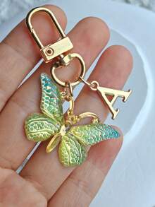 1个可爱闪亮蝴蝶及A-Z字母钥匙扣，树脂绿色时尚蝴蝶字母钥匙圈，女士日常佩戴礼物蝴蝶吊坠钥匙扣 - 綠色 - 查看 8