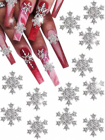 10 Stücke charmante Winter Weihnachts-Sonderausgabe japanischer minimalistischer Stil Silber Strass Legierung Schneeflocke Nagel Patch Schmuckset, koreanischer Prinzessinnenstil 3D Weihnachtsdeko Accessoires, DIY Nagelkunst Deko und Handyhülle Dekorative Schmuckzubehör, Nagelprodukte, Strass und dekorative Geschenke, Weihnachtsgeschenke.
