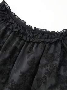 Women's Summer Trendy Lace T-Shirt Long Flared Sleeve Round Neck Sheer Party Tops - Negro - Ver 6