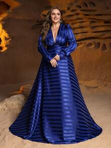 فستان سهرة رسمي بأكمام فانوس وياقة على شكل V مع تصميم مخفف للجسم مناسب لحفلات العشاء والمناسبات الخيرية والزفاف الراقي