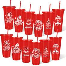 D12Pcs Merry Christmas Plastic Cups With Lids Straws 24 Oz Red Xmas Drinking Cups Reusable Tumbler For Cold Beverage Drink Party Favors Plies - Đỏ - Xem 1