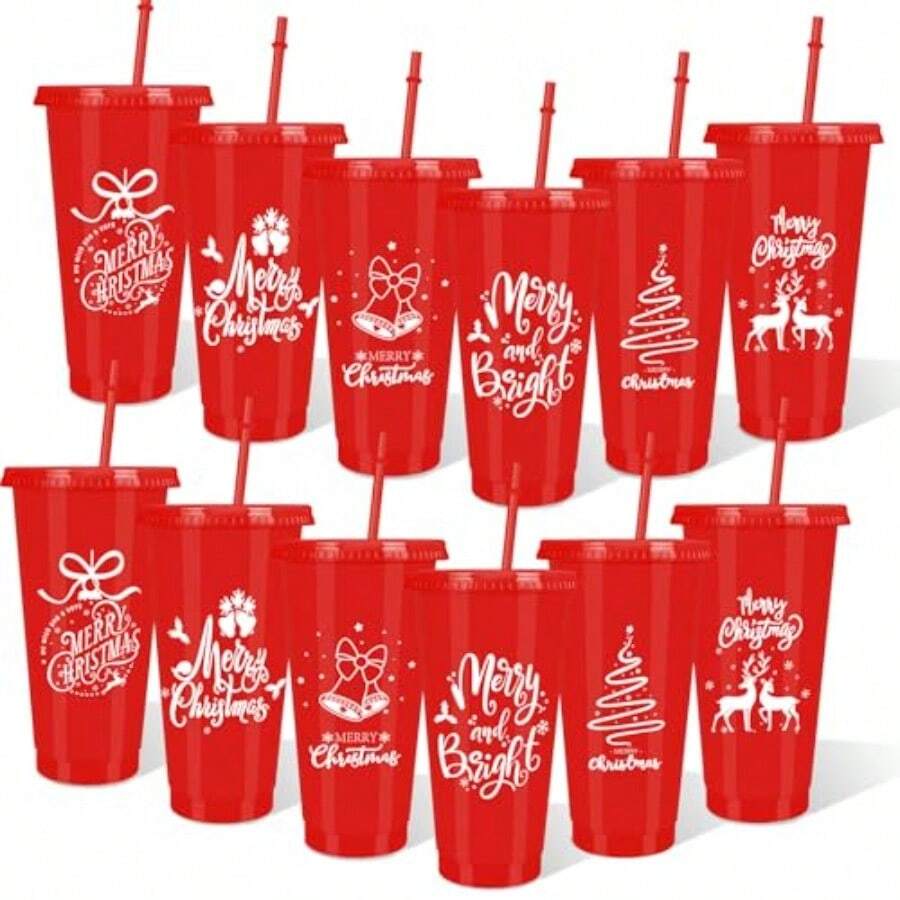 D12Pcs Merry Christmas Plastic Cups With Lids Straws 24 Oz Red Xmas Drinking Cups Reusable Tumbler For Cold Beverage Drink Party Favors Plies - Đỏ - Xem 1