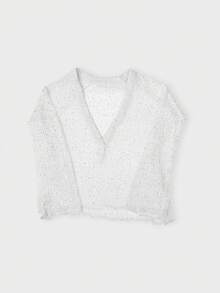 Yuwenier 性感深V领镂空透视亮片钩编罩衫蝙蝠袖长袖宽松上衣外出派对万圣节 - 白色 - 查看 5