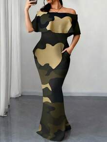 Đầm bodycon hở vai họa tiết rằn ri thời trang và thanh lịch cỡ lớn 1 chiếc có viền xếp nếp và túi - màu xanh lá - Xem 1