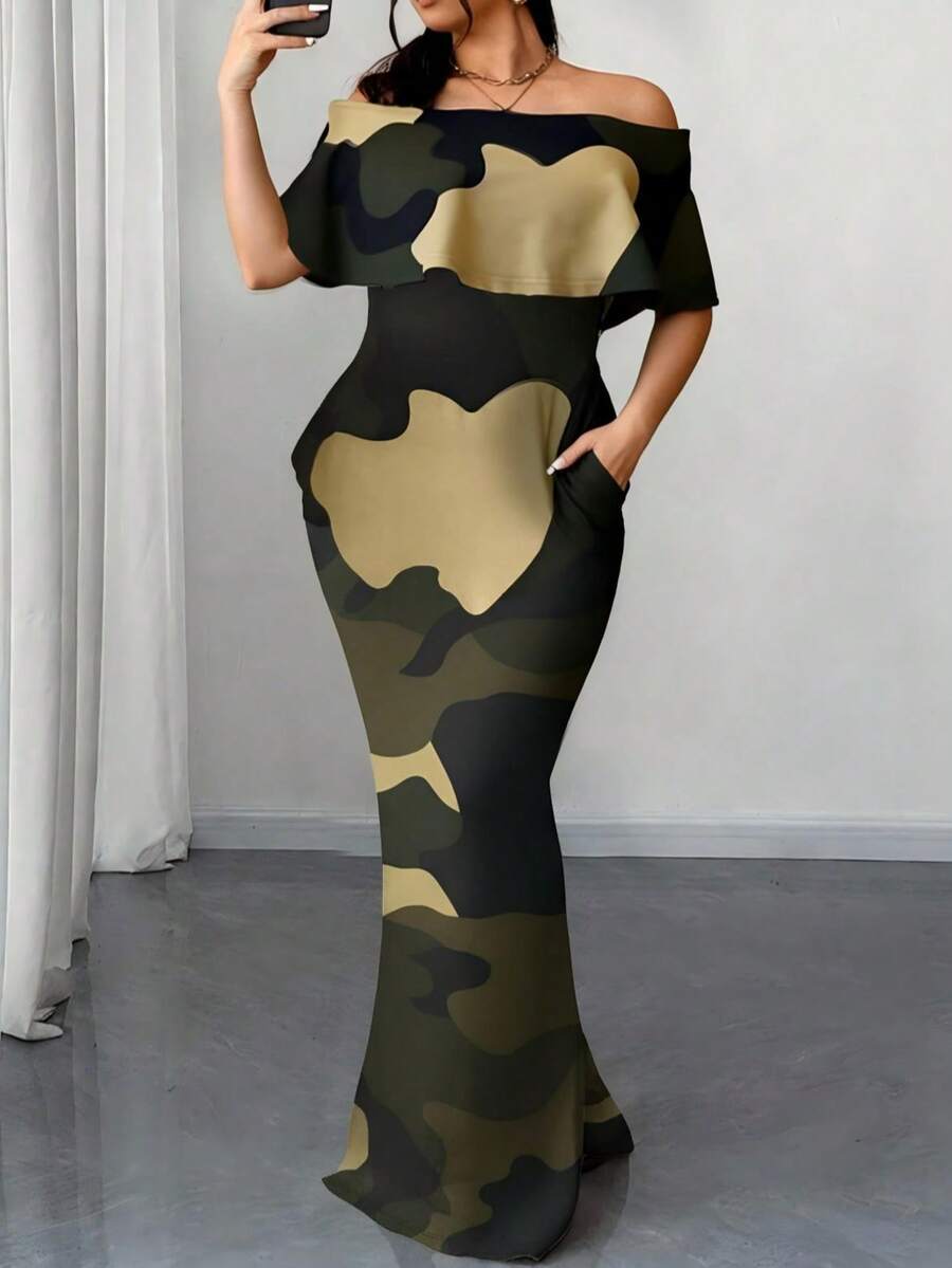 Đầm bodycon hở vai họa tiết rằn ri thời trang và thanh lịch cỡ lớn 1 chiếc có viền xếp nếp và túi - màu xanh lá - Xem 1