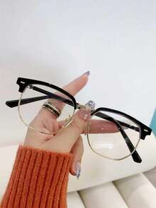 A Pair Of Men's Fashionable Metal Half Frame Polygonal Flat Glasses, Suitable For Office, Mobile Phones, Computers, Games, Students, Gifts, Etc - Clear - View 9