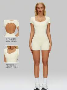 MFVIM 女士无缝连体衣，镂空露背设计，白色纯色线条，露背款式，无需内衣，适合运动、通勤，紧身健身连体衣，适合跑步、健身房、瑜伽等运动。