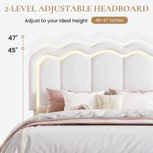 SHA CERLIN Twin/Full/Queen Upholstered Size Bed Frame With LED Lights, Adjustable Velvet Headboard With Wavy Design, Noise Free, Wooden Slats Platform Bed, Easy Assembly, No Box Spring Needed, White - 查看 3