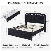 SHA CERLIN Estructura de cama tapizada de tamaño individual/doble/queen con luces LED, cabecero ajustable de terciopelo con diseño ondulado, sin ruido, plataforma de cama de listones de madera, fácil montaje, sin necesidad de caja de resortes, color negro - Negro - Ver 11