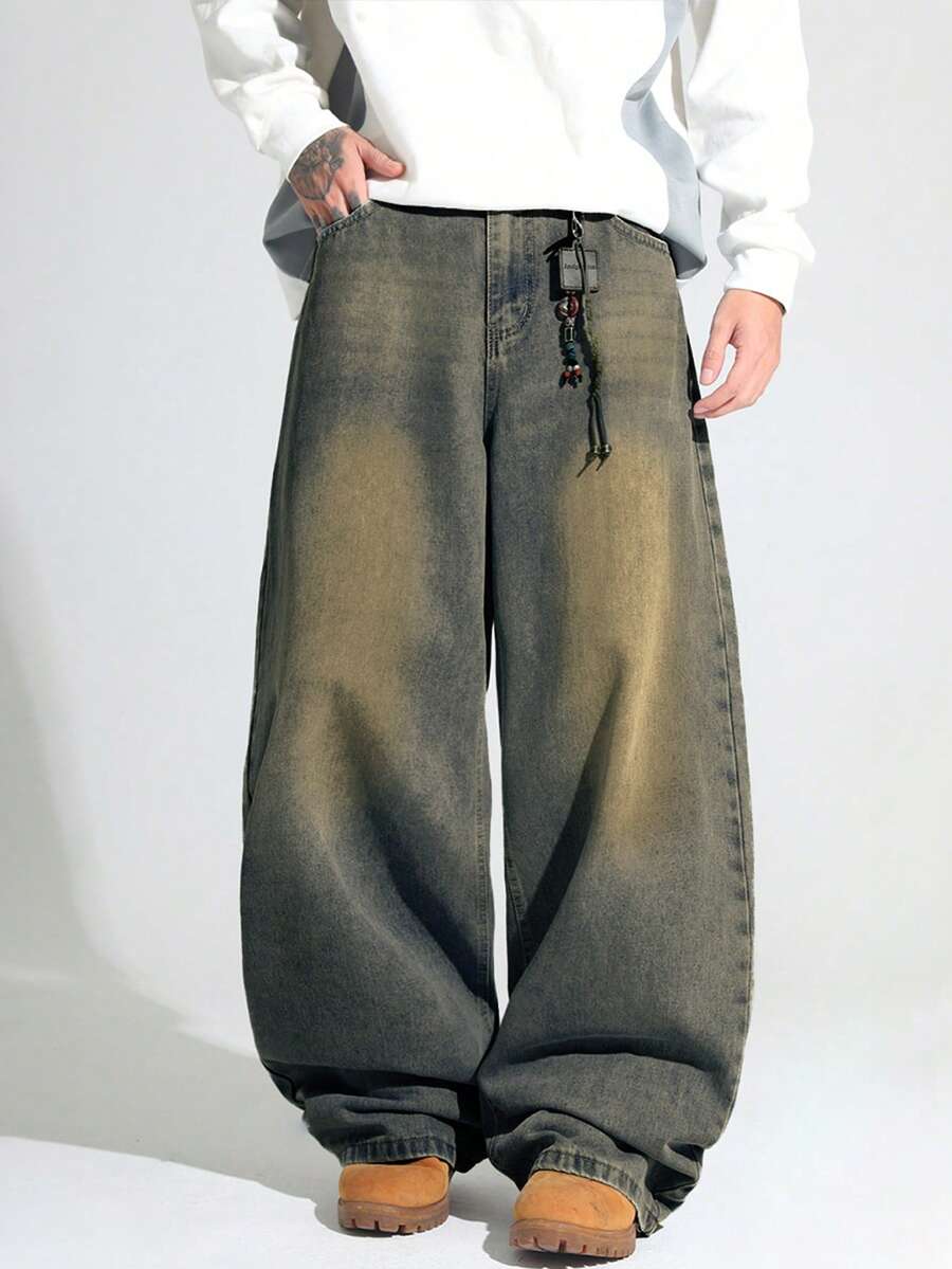 1pc Casual Loose Fit Straight Leg Jeans, Unisex Couple Style - Bronze - View 1