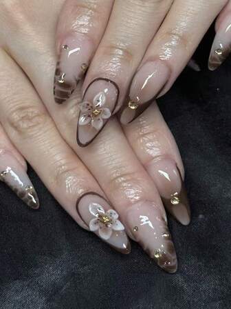 Uñas postizas de 10 piezas hechas a mano con puntas francesas 3D, flores 3D, estampados de tortuga, serpiente y animal, en colores marrones para otoño e invierno, con diamantes brillantes de forma almendrada para uso diario de mujeres y niñas