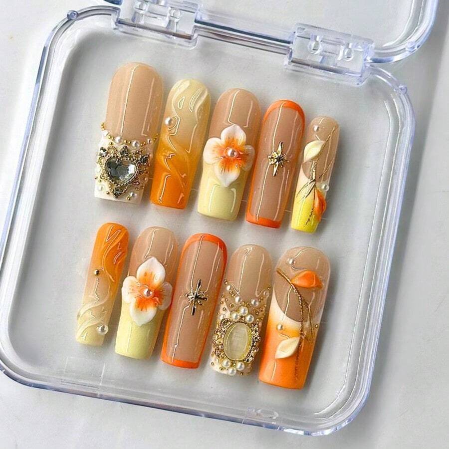 DiDazzle 10 PCS Handmade Square Press - On Nails | Gem Nails With Acrylic Exquisite Details, Gem Frame & Star Embellishments & Elegant Styles - 橘色 - 查看 1