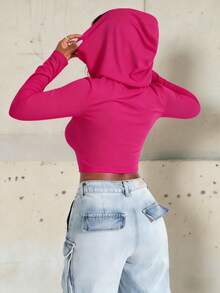 女士纯色高弹修身长袖连帽T恤，简约风格，适合春、秋、冬季穿着，也可作为万圣节、圣诞节、教师节、外套、约会等场合的百搭上衣，韩版风格。 - 玫紅色 - 查看 2