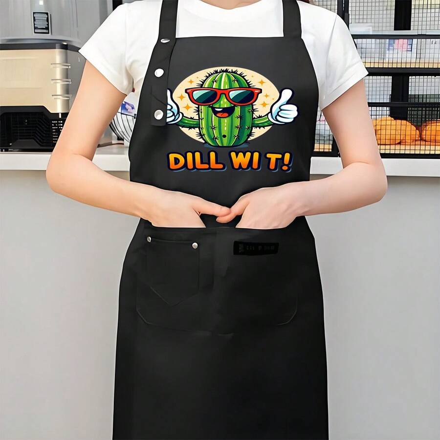 1 Adjustable Kitchen Apron, Featuring A Fun Cactus And " " DesignPrinted - Heavy-Duty Polyester Cooking Apron With Front Pocket And Adjustable Neck Strap, Suitable For Home, Restaurant, Food Truck - Fun Chef Apron, Unisex, Christmas, Thanksgiving - AZX0001 - 查看 1