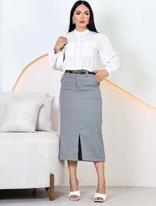 Elegant Midi Skirt For Evangelical Women With Belt - 灰色/棕色 - 查看 4