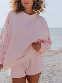 Women's Lazy Style Sweatshirt Shorts Set Oversize Design Sweet Style Versatile For Daily Casual Looks - 粉色 - 查看 3