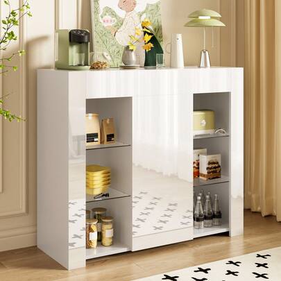 Credenza – 95x35x83 cm Mobile da cucina moderno con frontale lucido, ripiani in vetro e, per soggiorno, sala da pranzo, cucina, nero/bianco