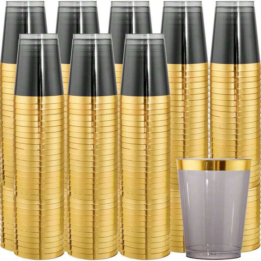 200/400 Transparent Black Cups, Transparent Black With Gold Border Cups, Gold Border Plastic Cups, Transparent Black Plastic Cups, Disposable Plastic Cups, Party Transparent Black Plastic Cups, Suitable For 200/400 Guests. - Multicolor - View 1