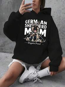 1pc Women'S Plus Size Hooded Sweatshirt, Casual Polyester Pullover With Slight Stretch, German Shepherd Mom Print, Alphabet Pattern, FallWinter Long-Sleeve Top With Pockets - 黑色 - 查看 1