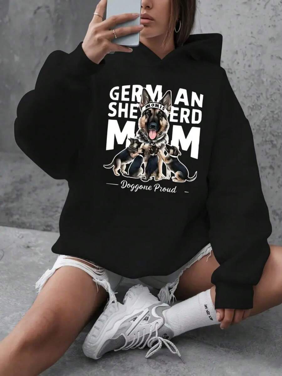 1pc Women'S Plus Size Hooded Sweatshirt, Casual Polyester Pullover With Slight Stretch, German Shepherd Mom Print, Alphabet Pattern, FallWinter Long-Sleeve Top With Pockets - 黑色 - 查看 1